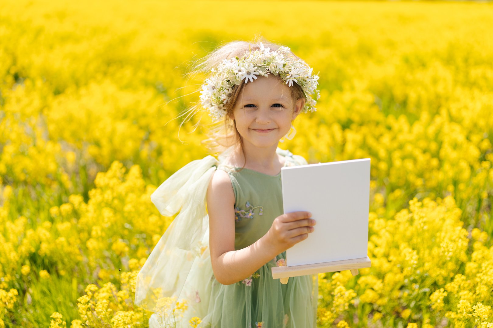 Cheerful 5 yo girl wearing flower crown and fairy wings holding blank canvas on wooden easel standing posing in field of yellow flowers, enjoying sunny summer day of artistic inspiration.