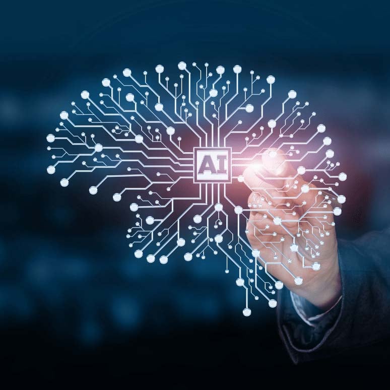 A hand touching a digital AI symbol connected to a neural network diagram against a dark blue background.