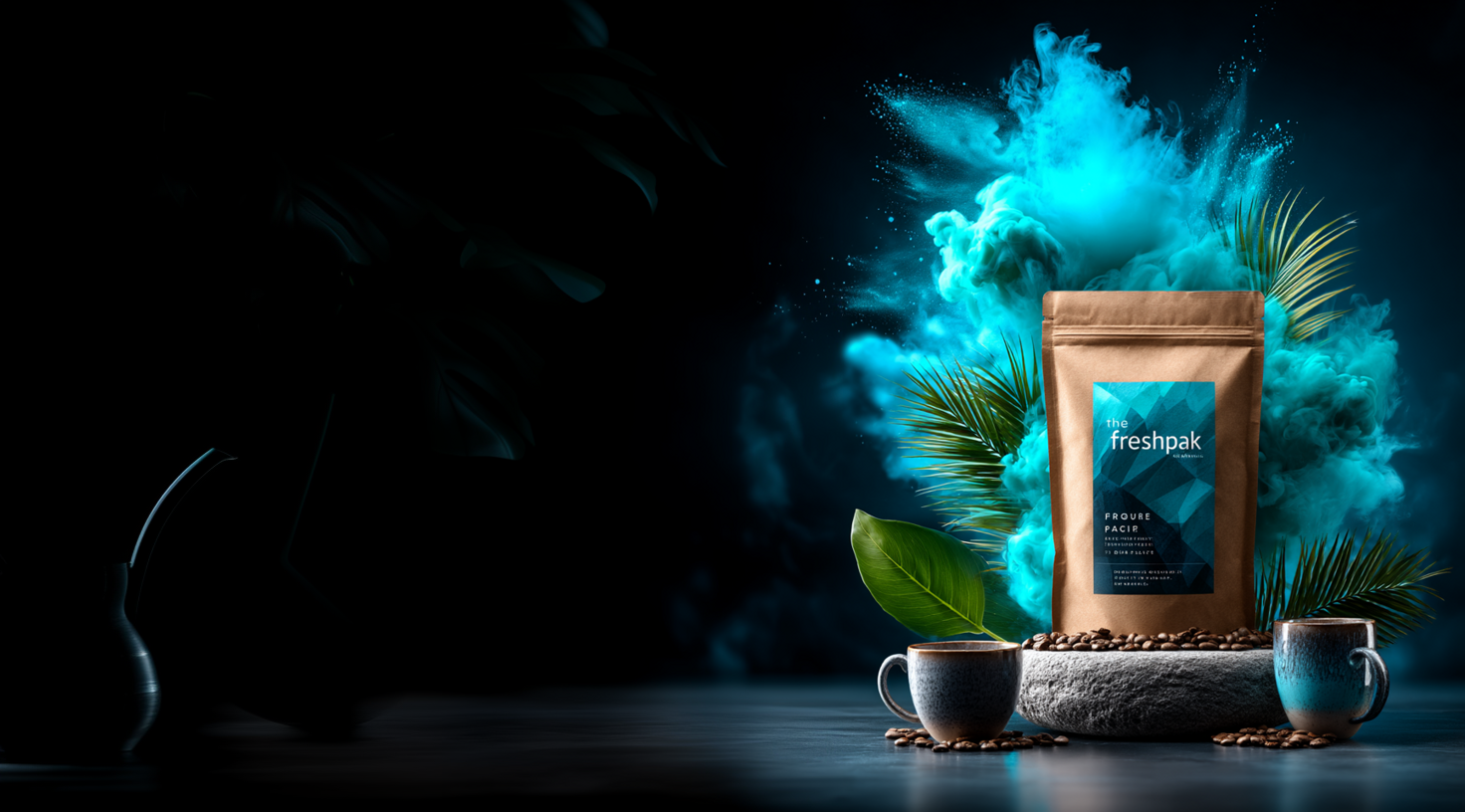 Coffee bag with tropical leaves and blue smoke on dark background, surrounded by coffee beans and mugs.