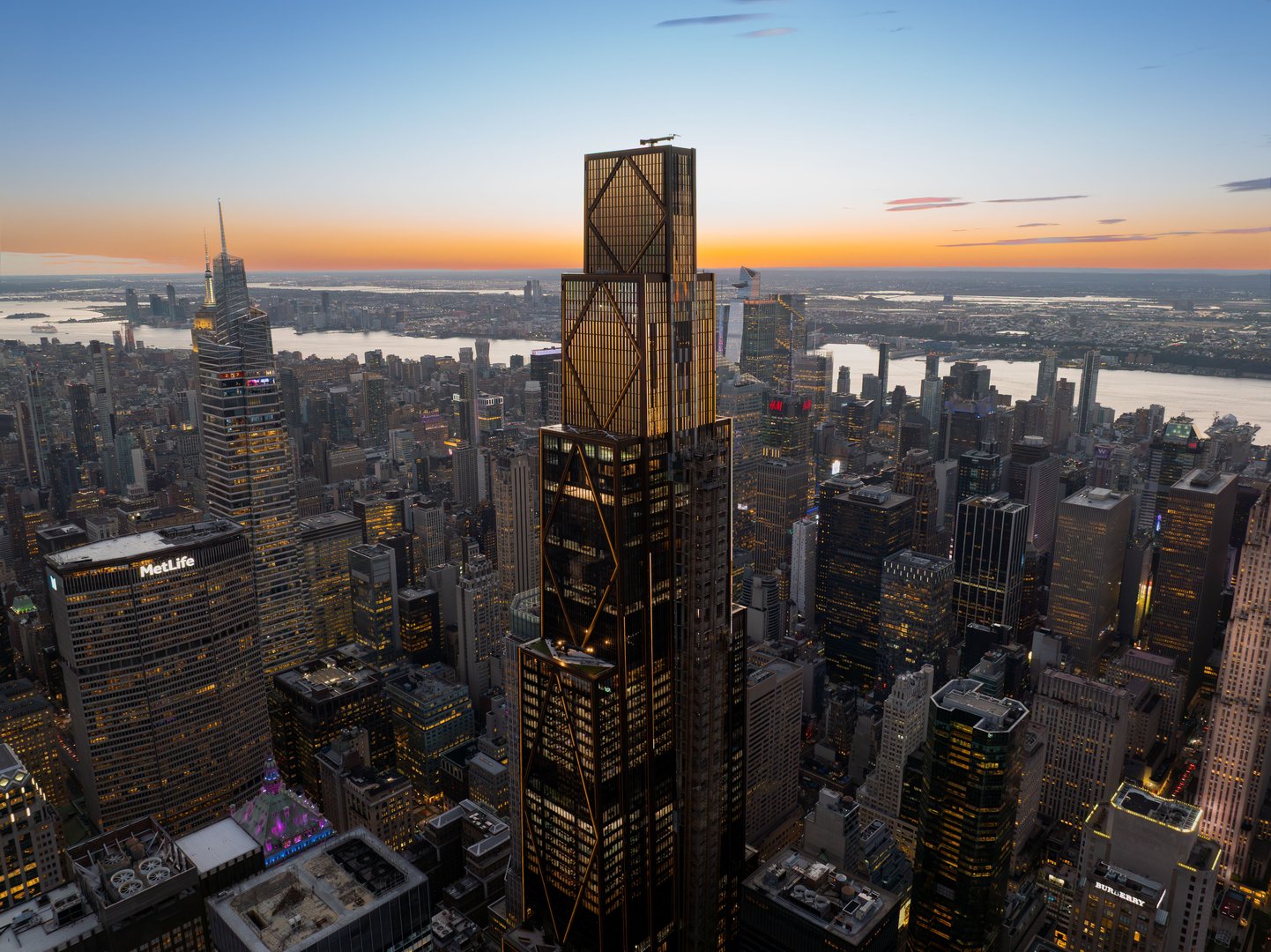Aerial view of financial district headquarters at sunrise