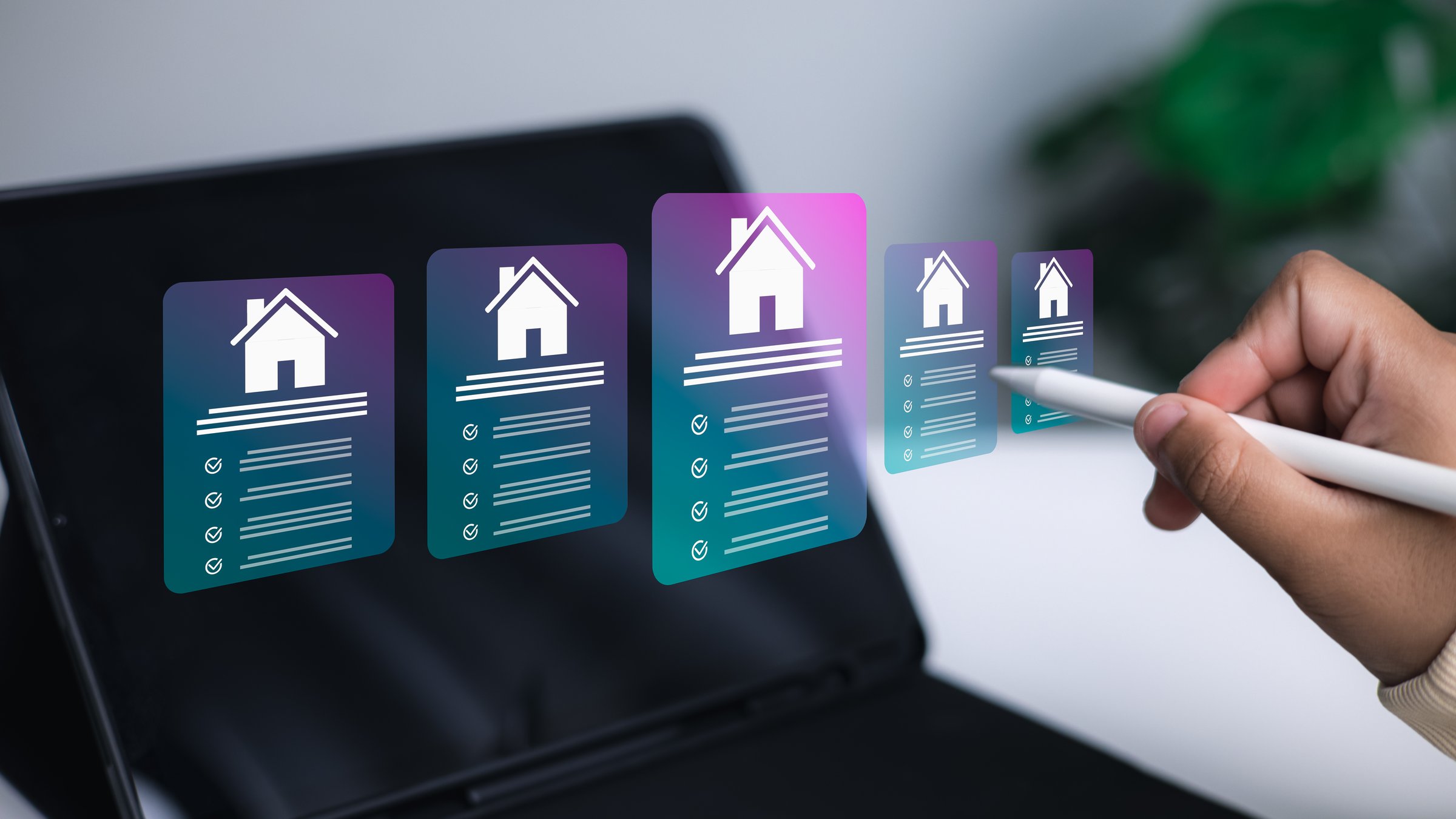 Futuristic digital real estate search with housing icons on tablet screen. Concept of smart property, online home listing, proptech, and modern technology for real estate market.