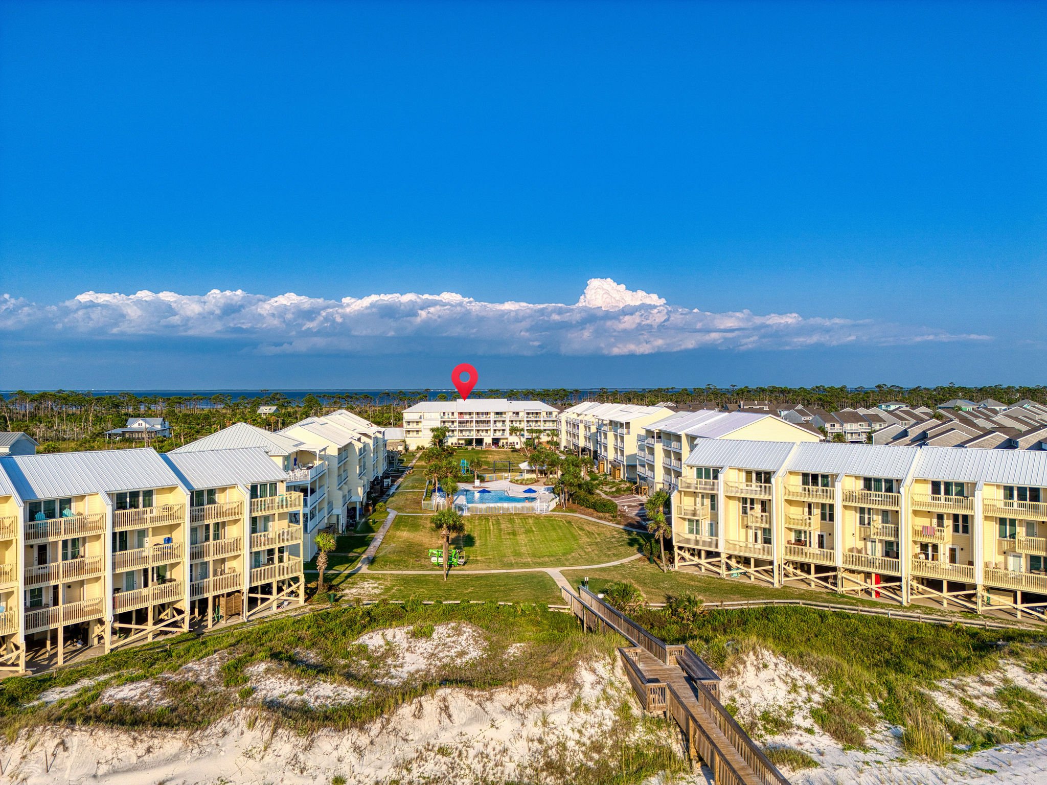 SeaCliffs Cape San Blas beachfront condominiums with lush landscaping near the Gulf of Mexico