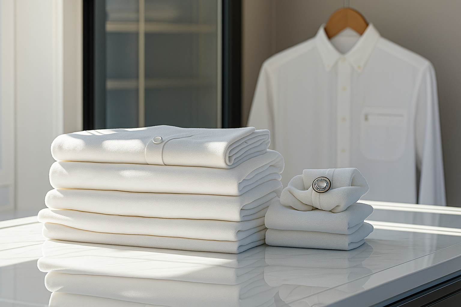 Neatly hung beige and light blue shirts on a metal clothing rack in a stylish, modern wardrobe.