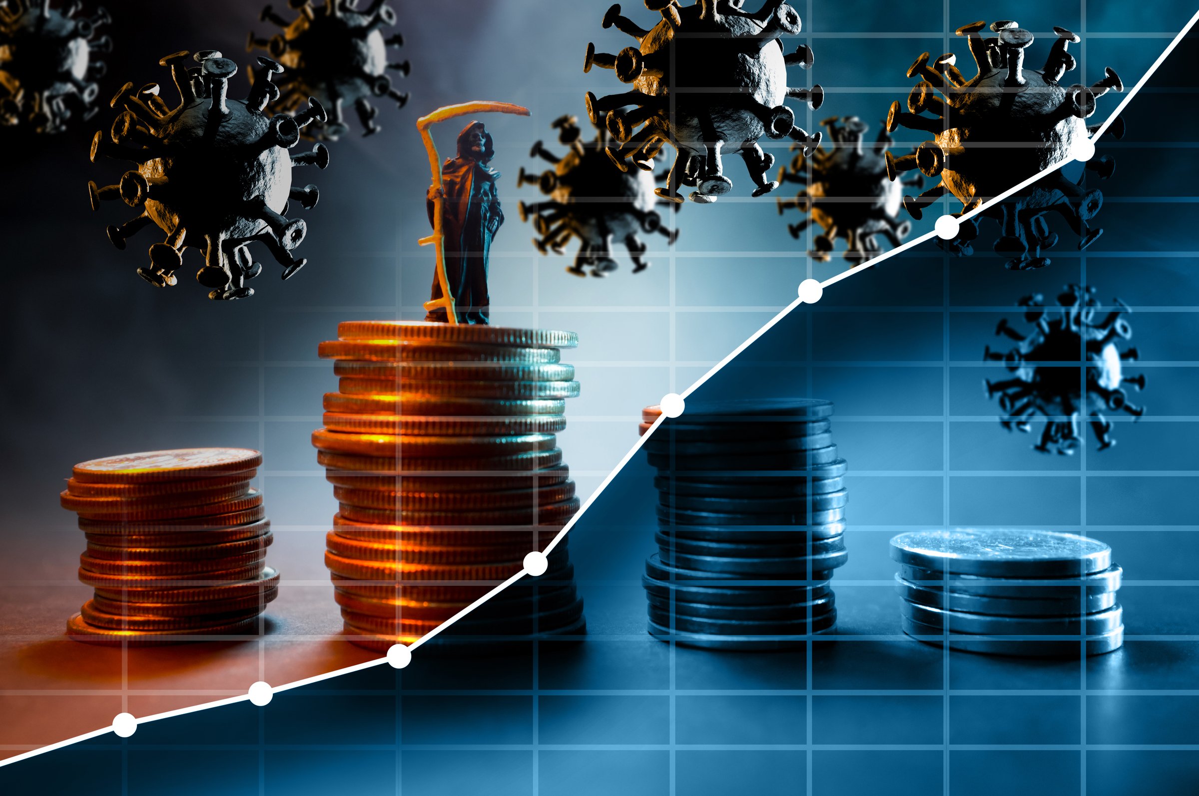 Grim reaper coronavirus stock market crash and recession conceptual metaphor with graph