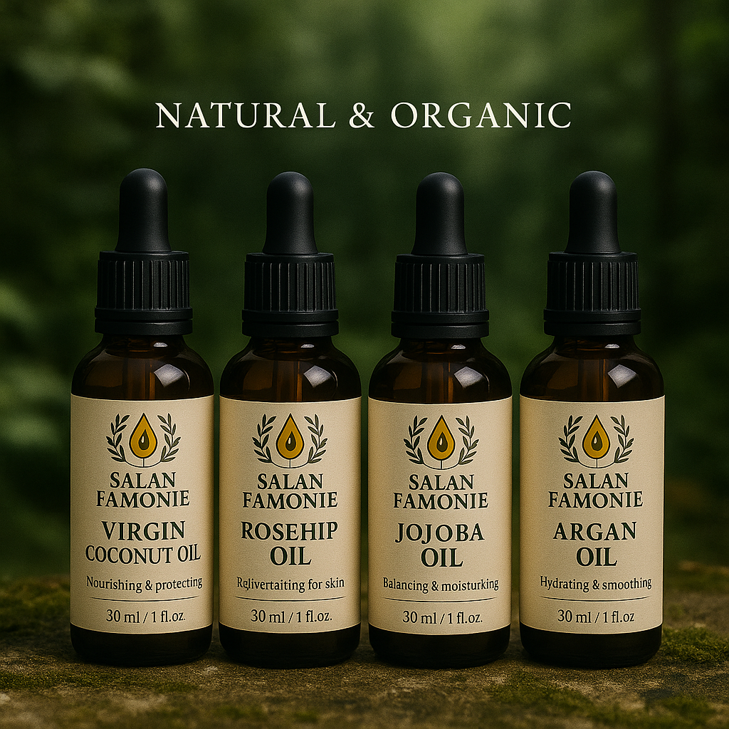 A bottle of natural oil with a dropper on a sandy beach, labeled Salan Famonie, with a person in swimwear in the background.