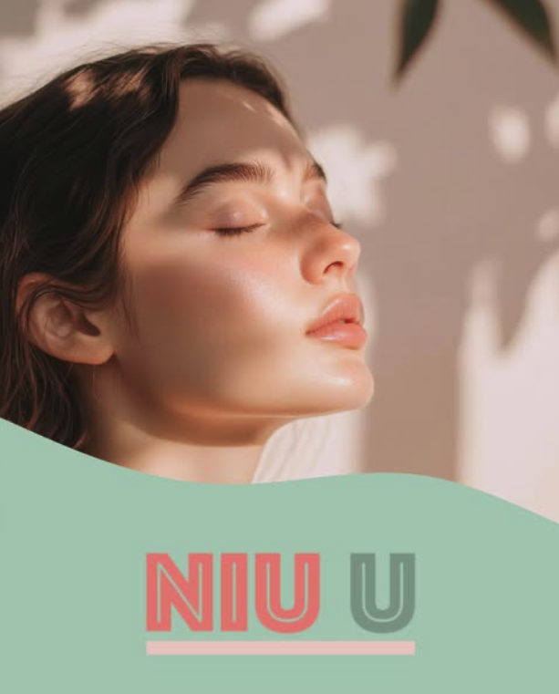 Woman basking in sunlight with eyes closed, soft shadows and leaves in background, text overlay saying NIU U at bottom.
