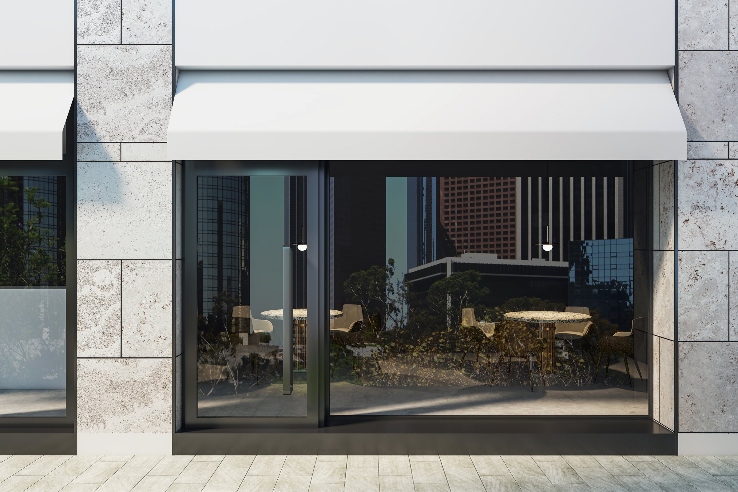 Empty modern shop exterior with large glass windows, white awning, and stone facade on a city street background, concept of retail entrance. 3D Rendering