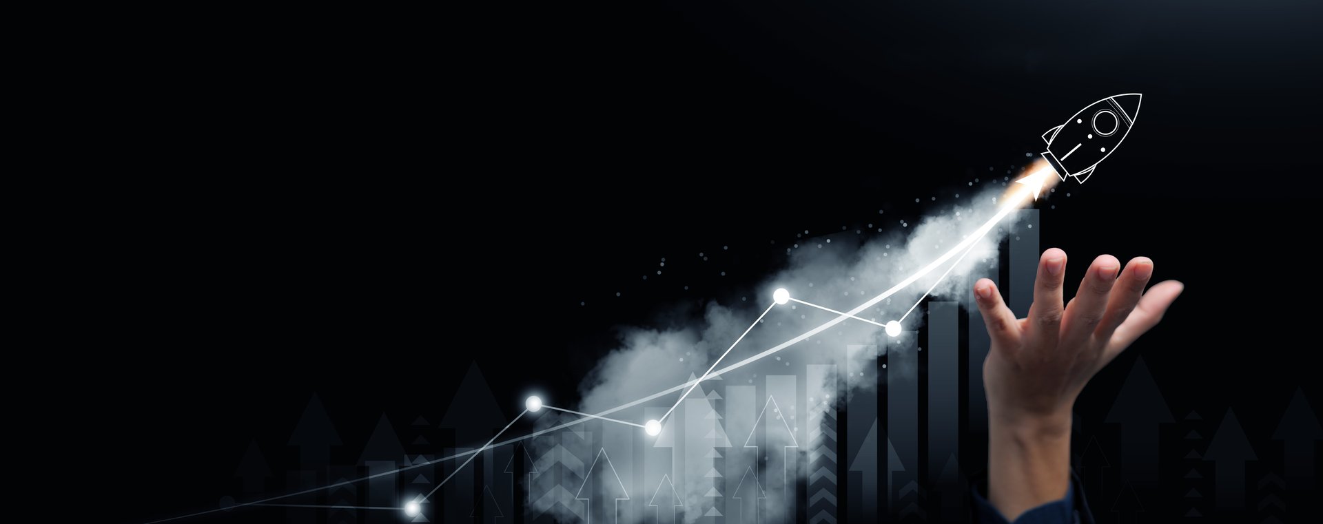 Hand support and launch a rocket with bar chart