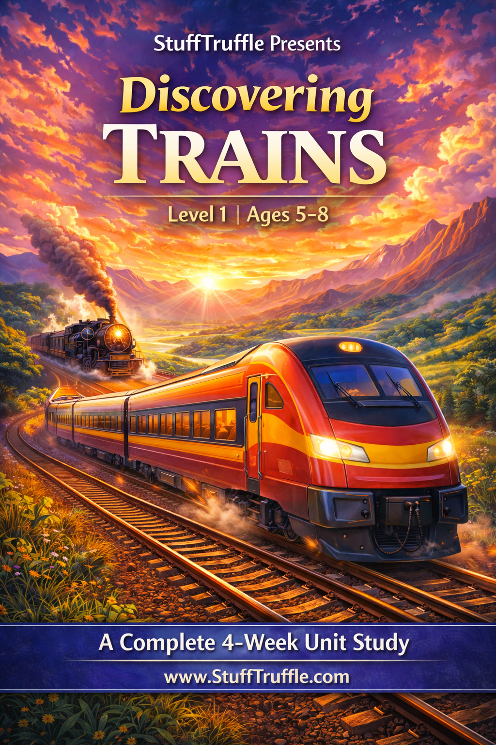 Trains homeschool unit study cover - printable PDF for ages 5-8