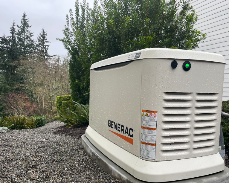 Home standby generator installation showing equipment and setup in Puget Sound residential property
