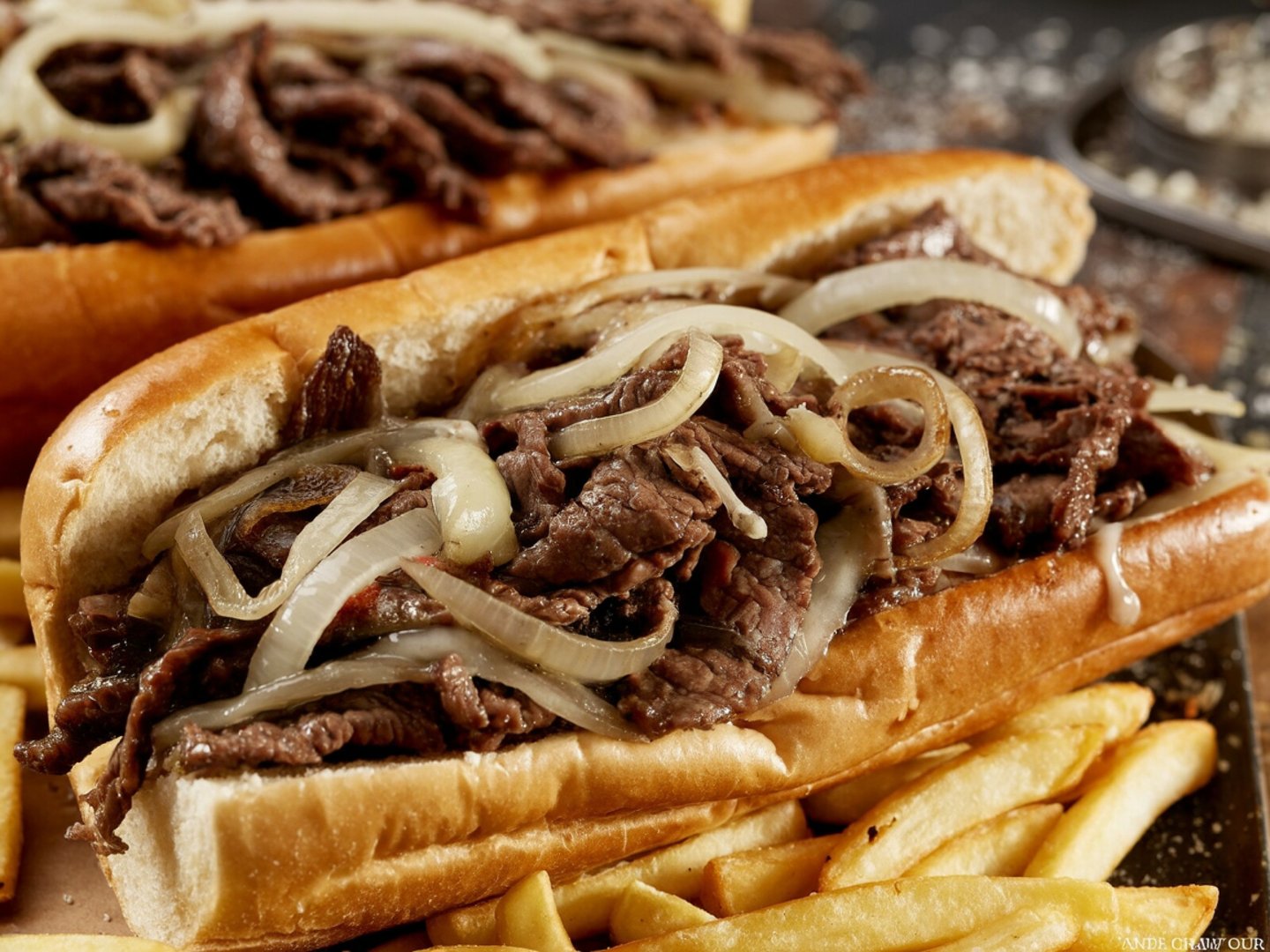 Close-up of a delicious Philly cheesesteak sandwich with grilled onions and fries on the side.
