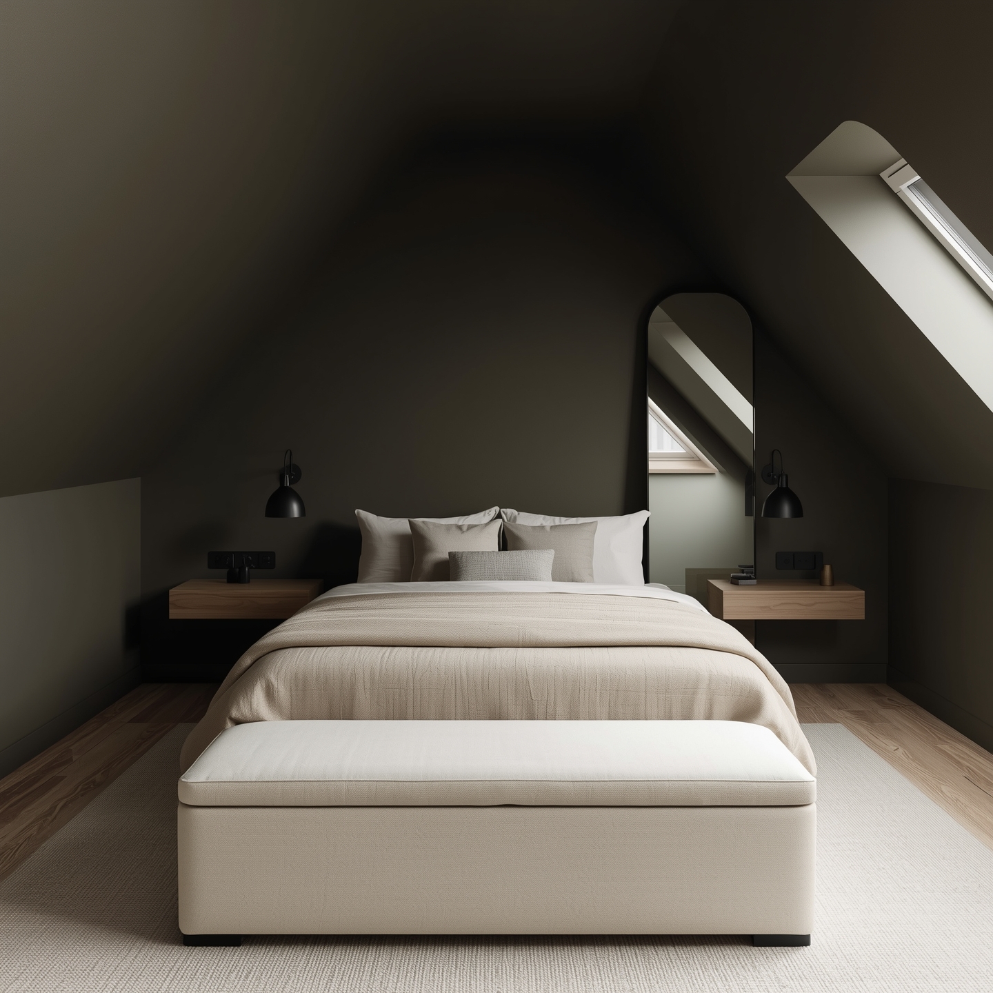 Liten skandinavisk loftsoverom omtrent 7-8 m²