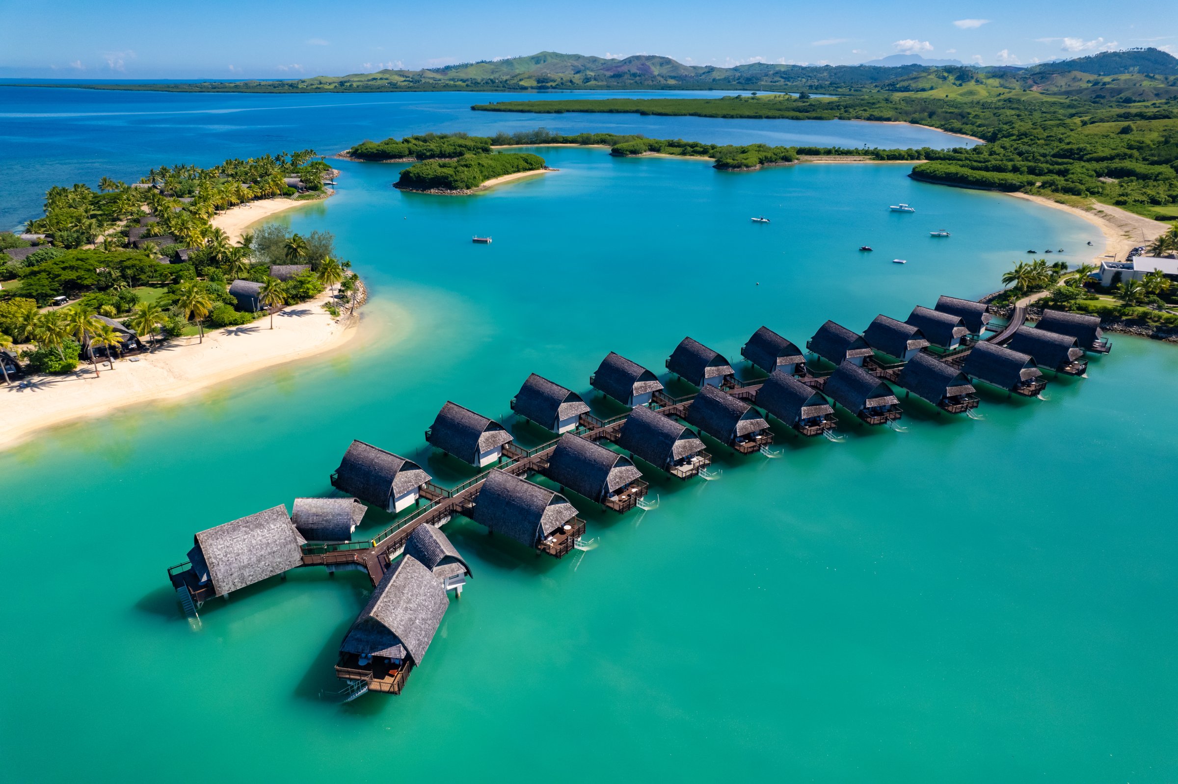 Aerial view of Momi luxury resort in Fiji on Viti Levu Island - One of the most beautiful resorts in the south Pacific