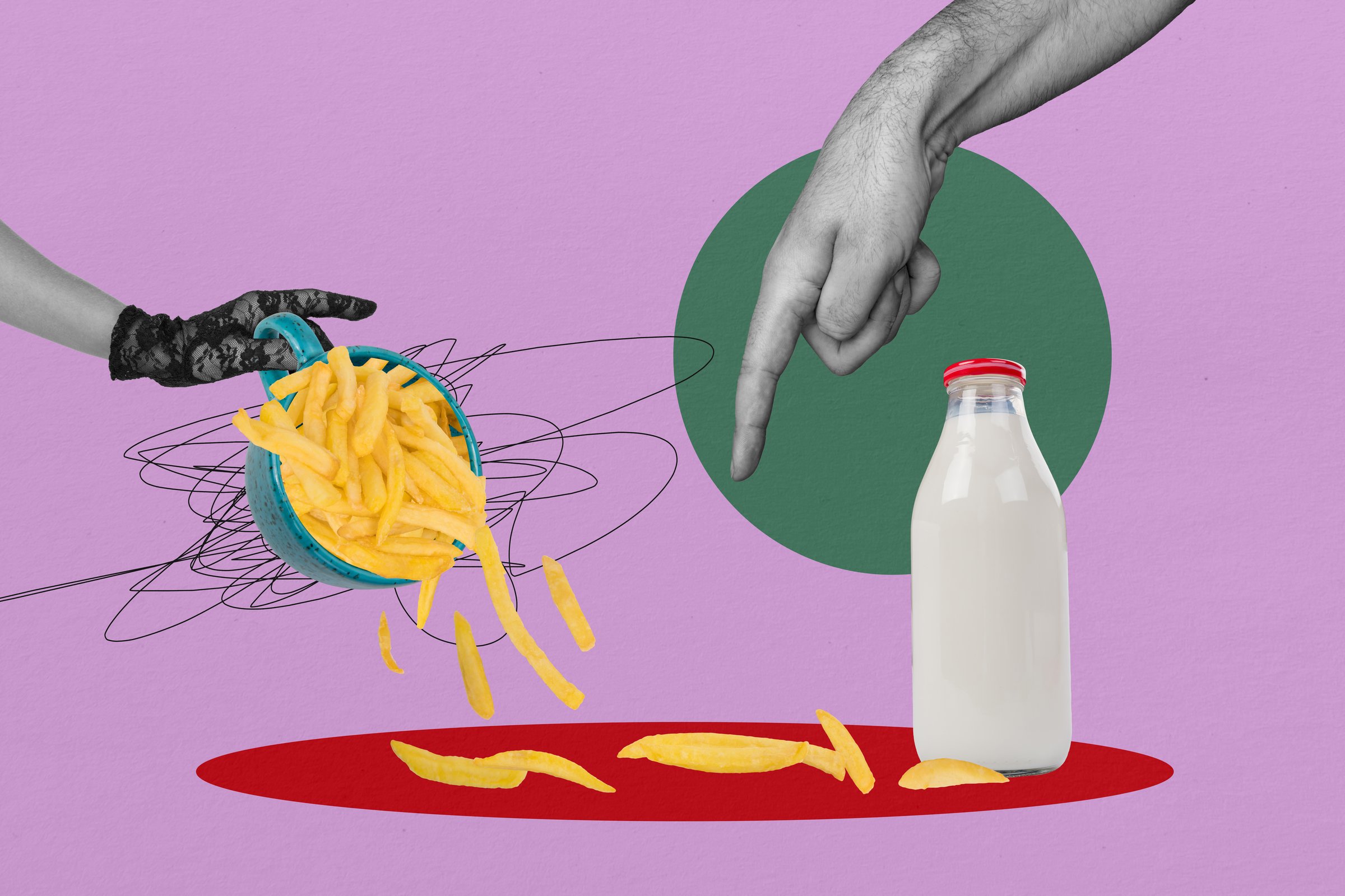 Trend artwork sketch image 3D collage of dieting chose different lifestyle hand hold cup vegetable potato fried finger point milk bottle.