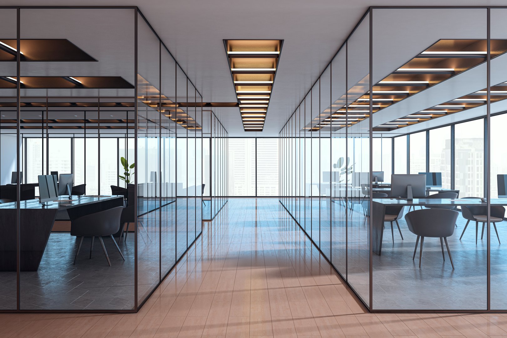 Contemporary empty office interior with glass partitions, stylish furniture and city view in background. Corporate workspace concept. 3D Rendering