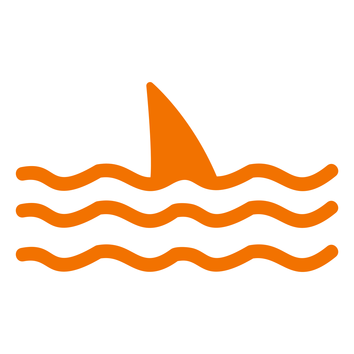 Orange graphic of a shark fin above wavy water lines, suggesting a shark swimming in the sea.