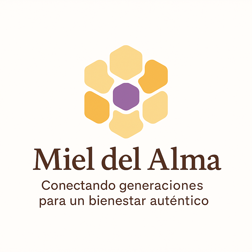 Logo of Miel del Alma with hexagons forming a flower and text Conectando generaciones para un bienestar auténtico.