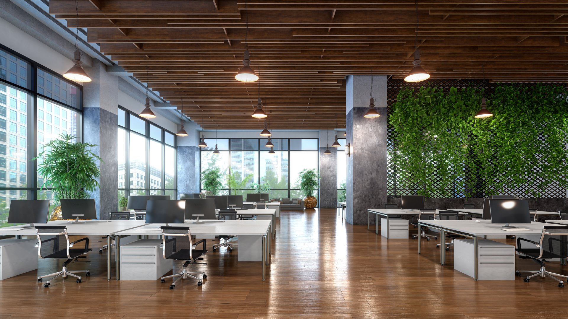 Open office with view from a large windows interior. 3d illustration