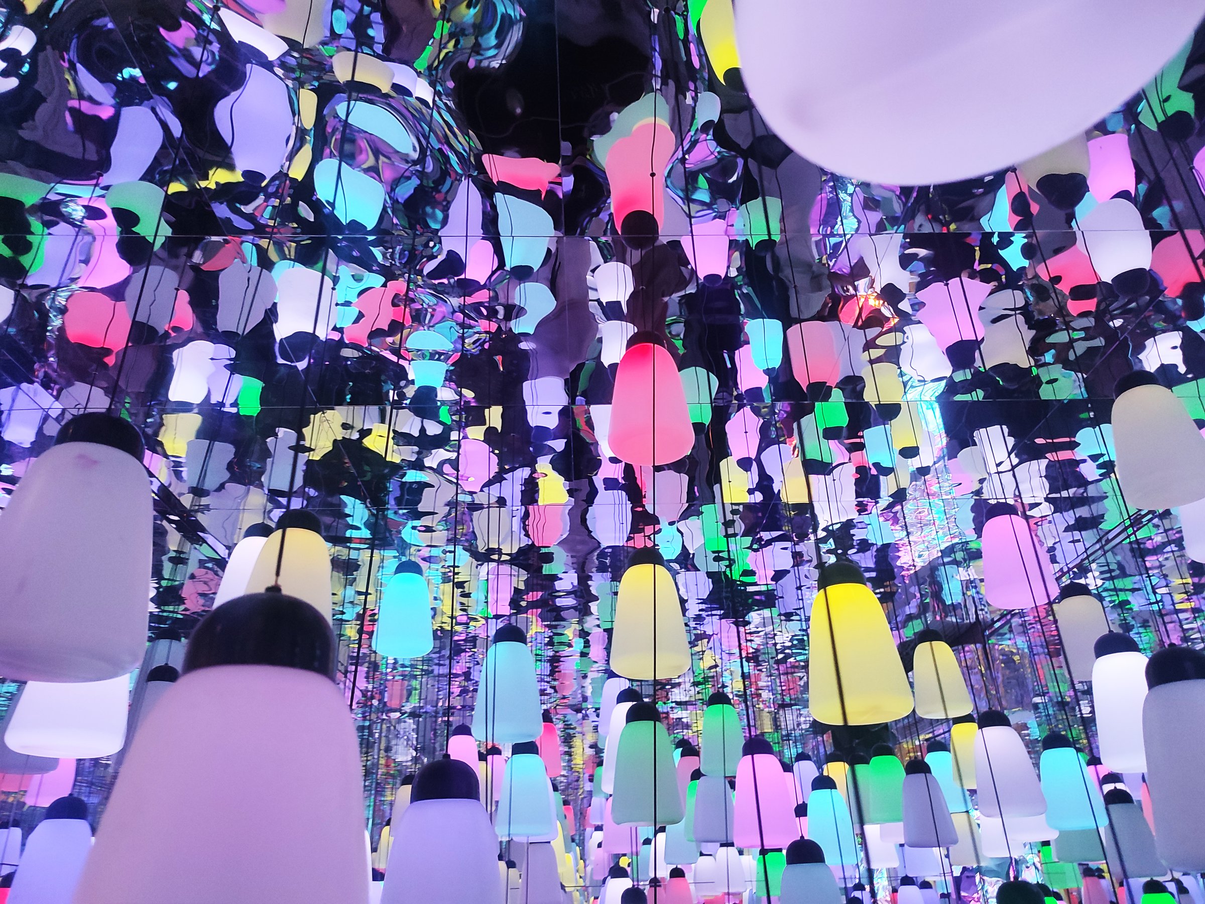 Modern art installation Abstract infinite reflection with colorful lights