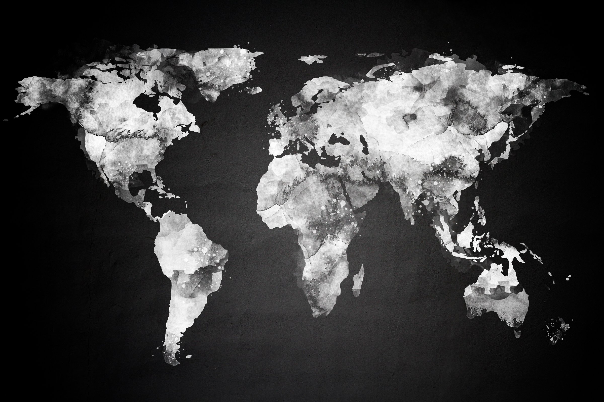 Grayscale watercolor world map artwork on a dark textured backdrop, symbolizing global business concept and modern international background. 3D Rendering.