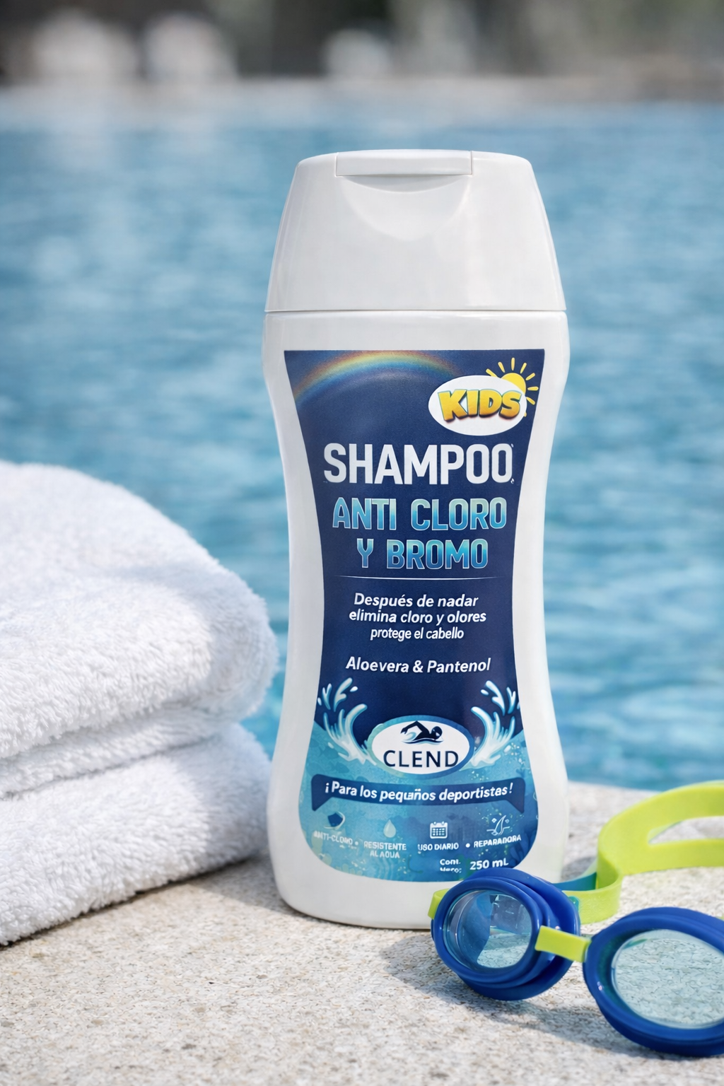 Bottles of baby cosmetic products, towel, pacifier and rubber ducks on white background