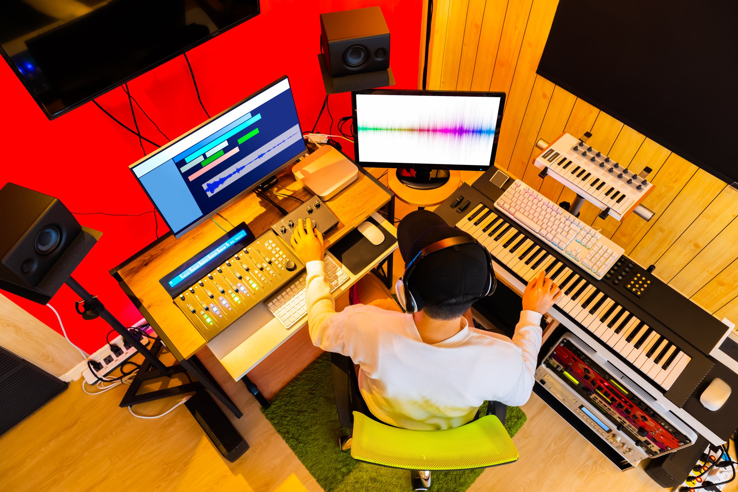top view of professional music producer arranging, mixing a song in sound studio