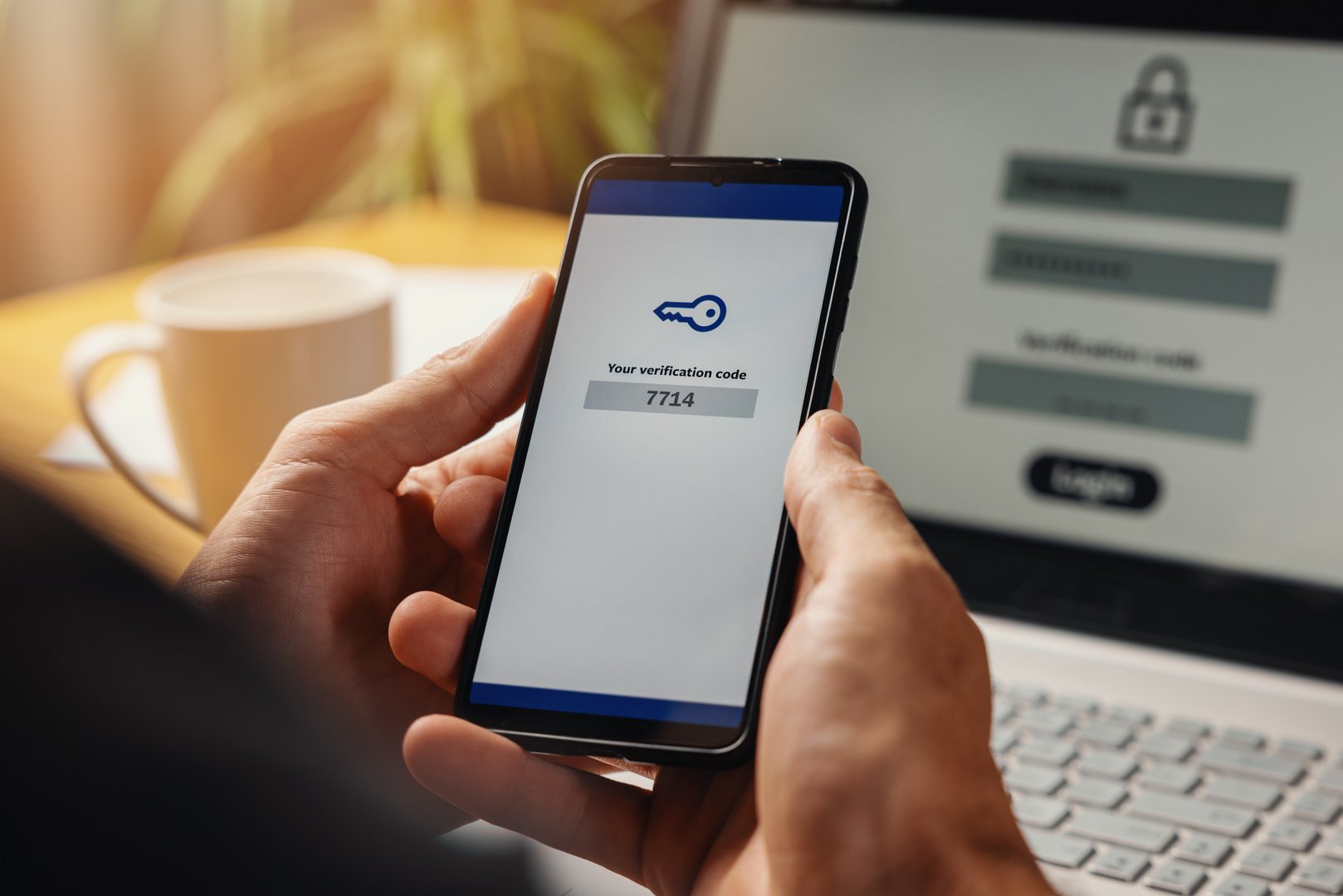 two-step authentication. verification code on smart phone screen for identity identification for online banking. cyber security technology