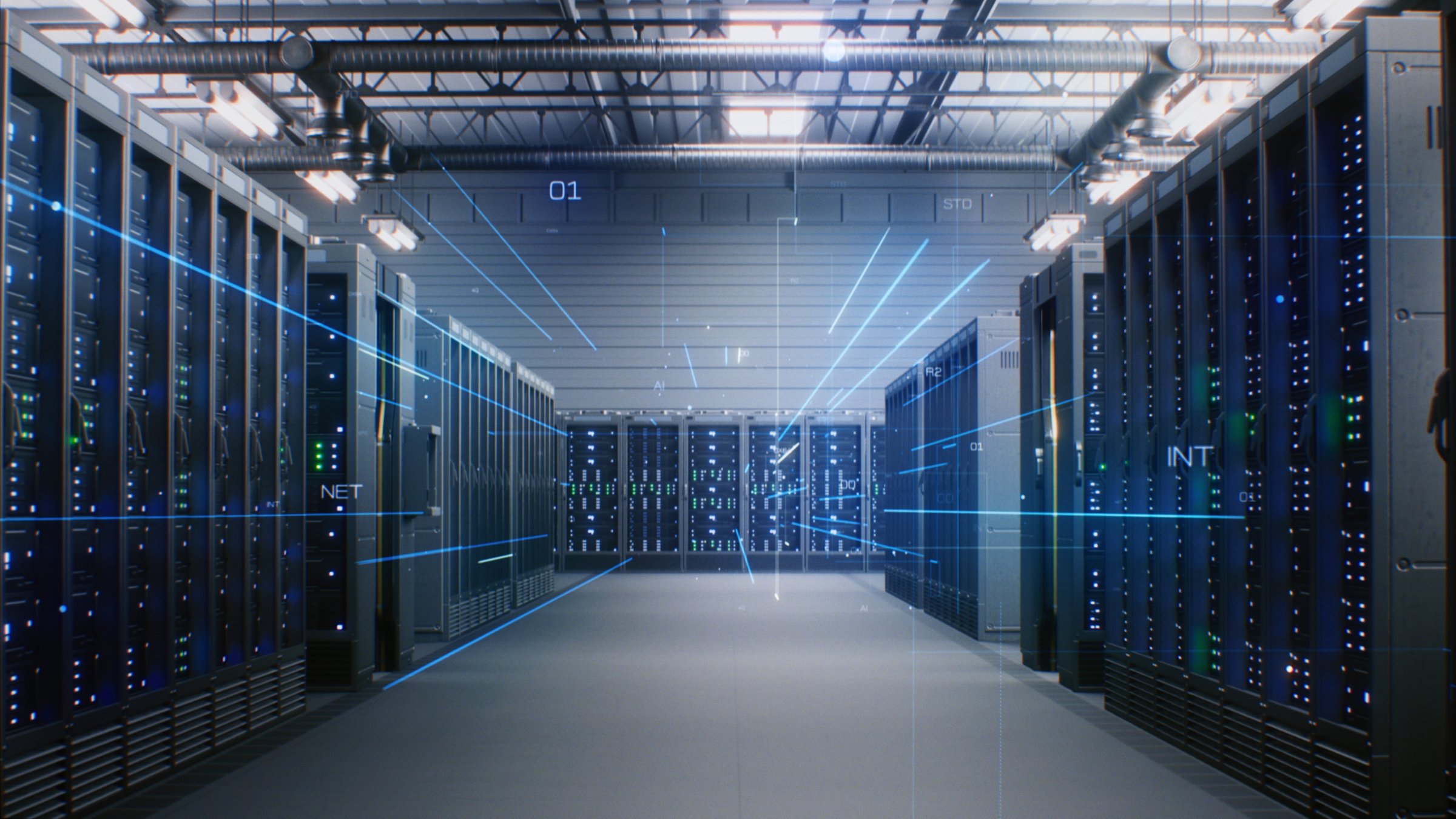 Futuristic Data Center with Server Racks in Big Warehouse. Animated Visualization of Data Flow, Internet Traffic on Servers. Information Technology, Digitalization Concept. VFX Animation. Dolly Shot.