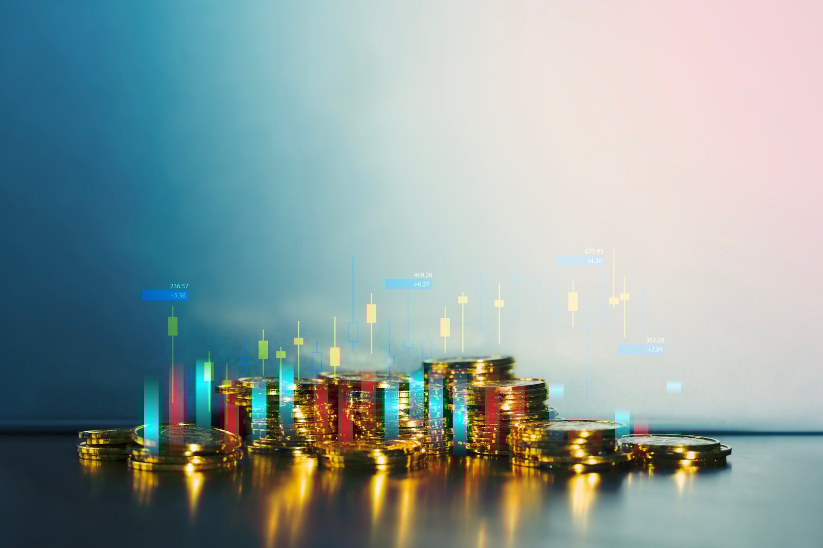 Shiny gold coins stacked on table with candlestick chart overlay, symbolizing cryptocurrency trading, financial market investment, forex analysis, digital economy, and long term wealth growth strategy