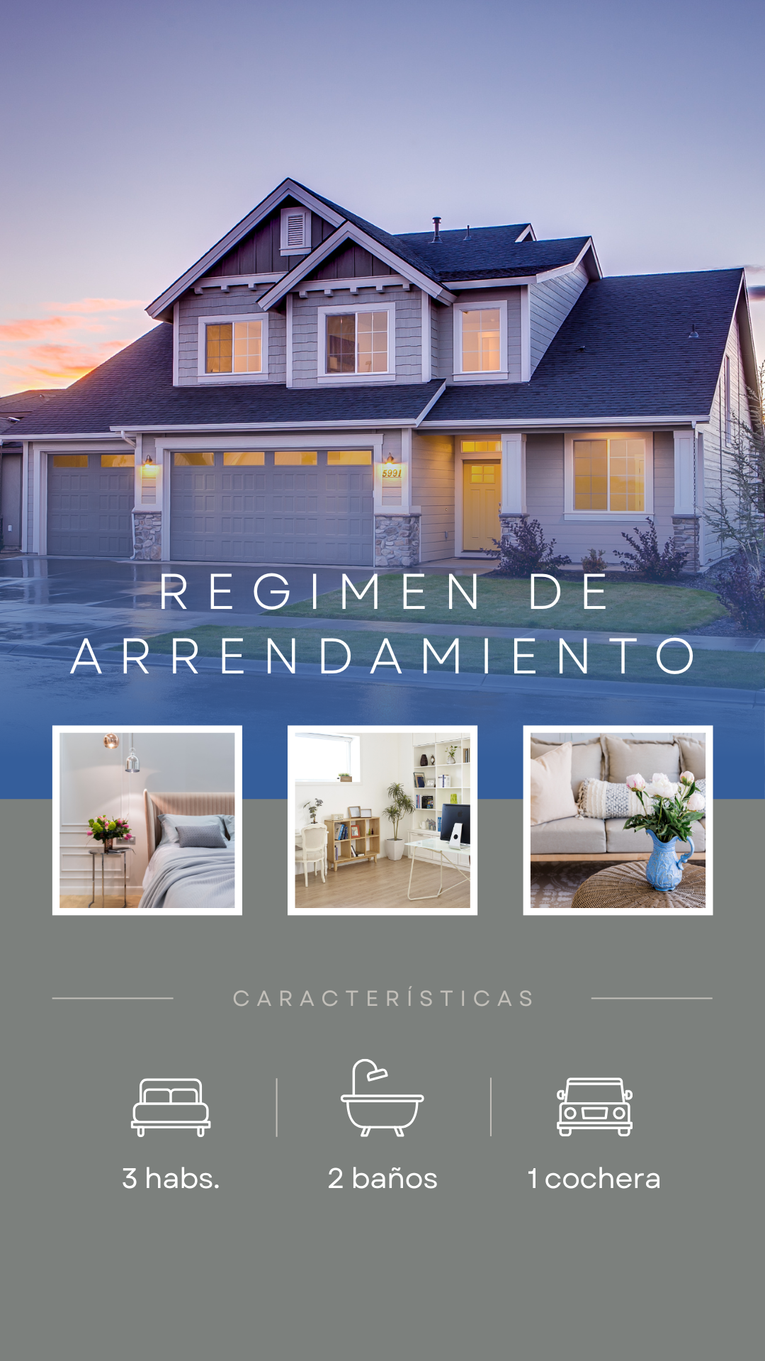 Ad for a rental home with 3 bedrooms, 2 bathrooms, 1 garage. Images show exterior and neat interiors. Text in Spanish.