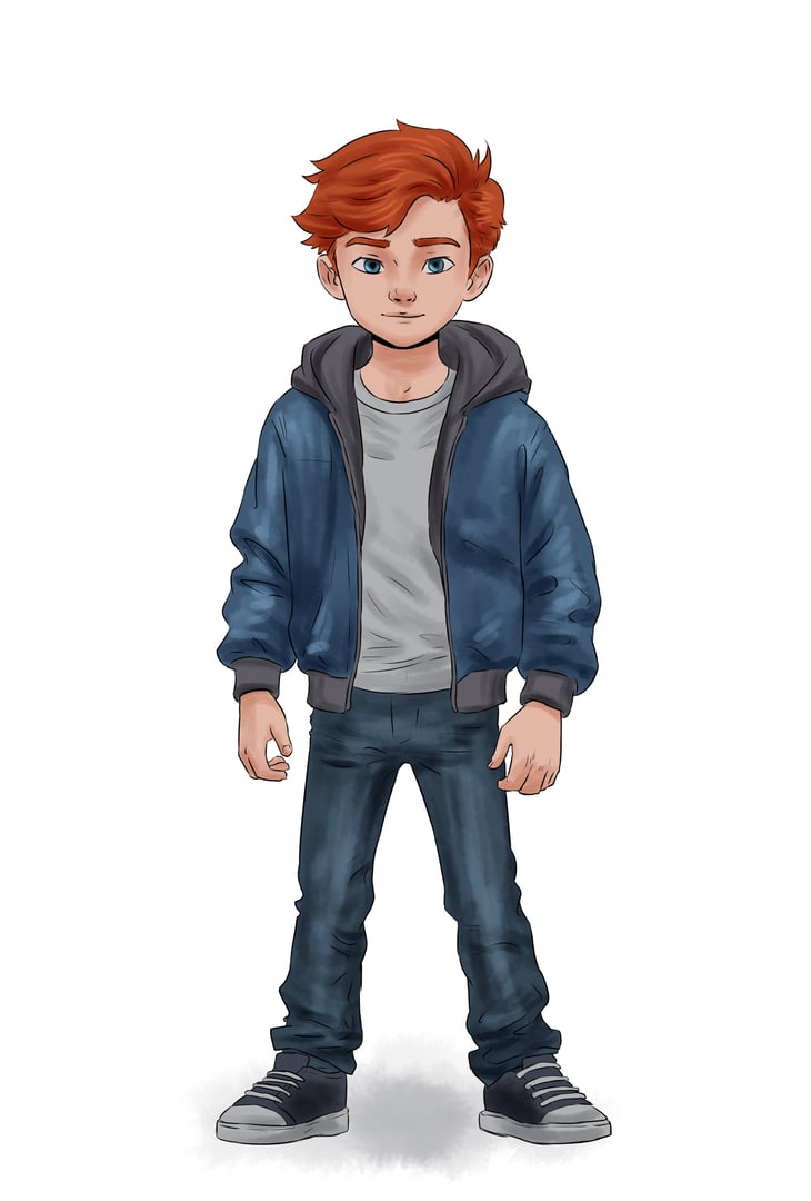 Illustration of a red-haired boy in a blue jacket, gray shirt, and jeans, standing confidently and smiling.