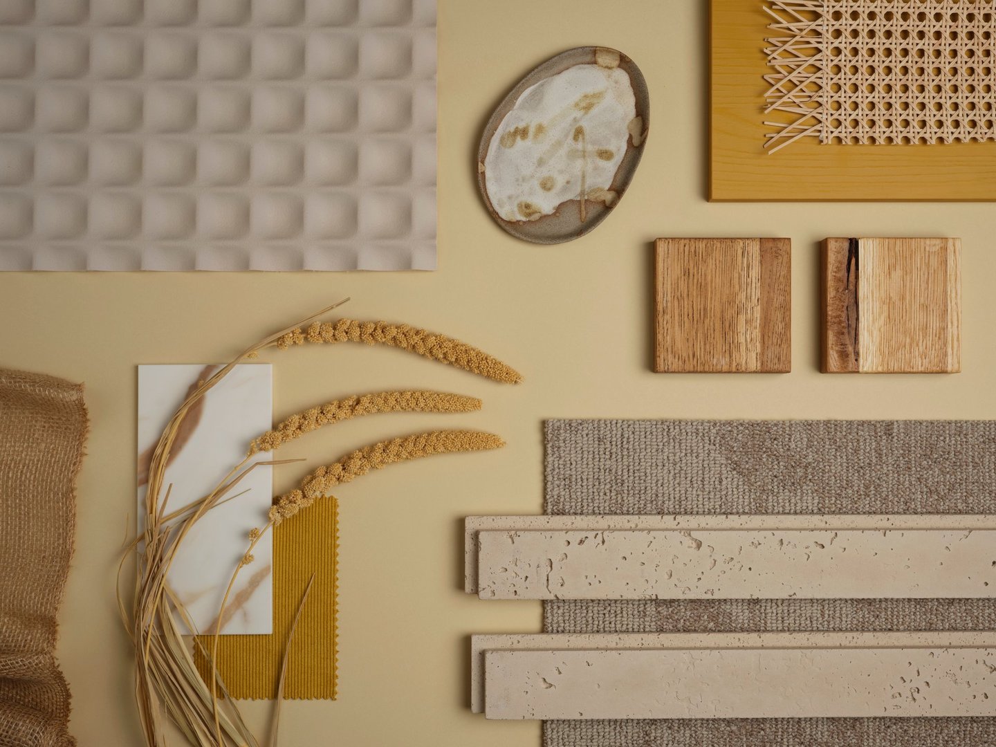 Neutral beige and ochre material palette with wood, stone, and fabric samples. A natural, organic mood board for interior design concepts.