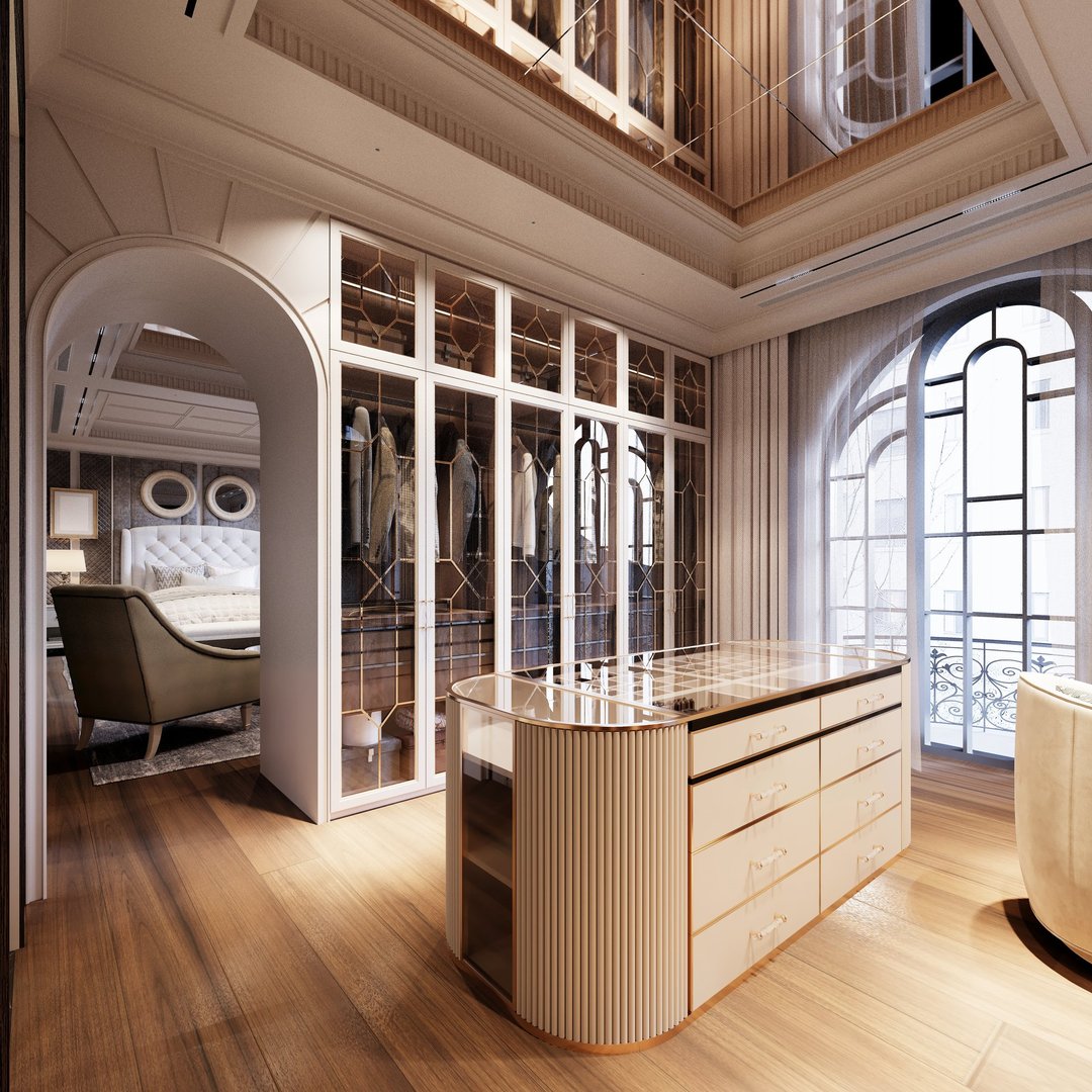 Elegant walk-in closet featuring glass-paneled wardrobes, arched doorway, and custom storage island, bathed in natural light for a sophisticated and luxurious feel. 3D rendering, 3D illustration.