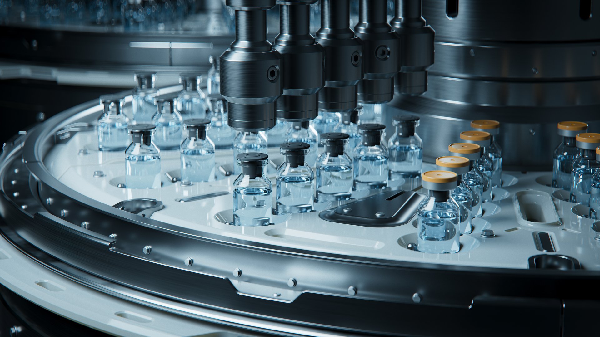 Close-up of a high-tech assembly line in a pharmaceutical production plant, showcasing automation technology with bottles and vials being processed at high precision.