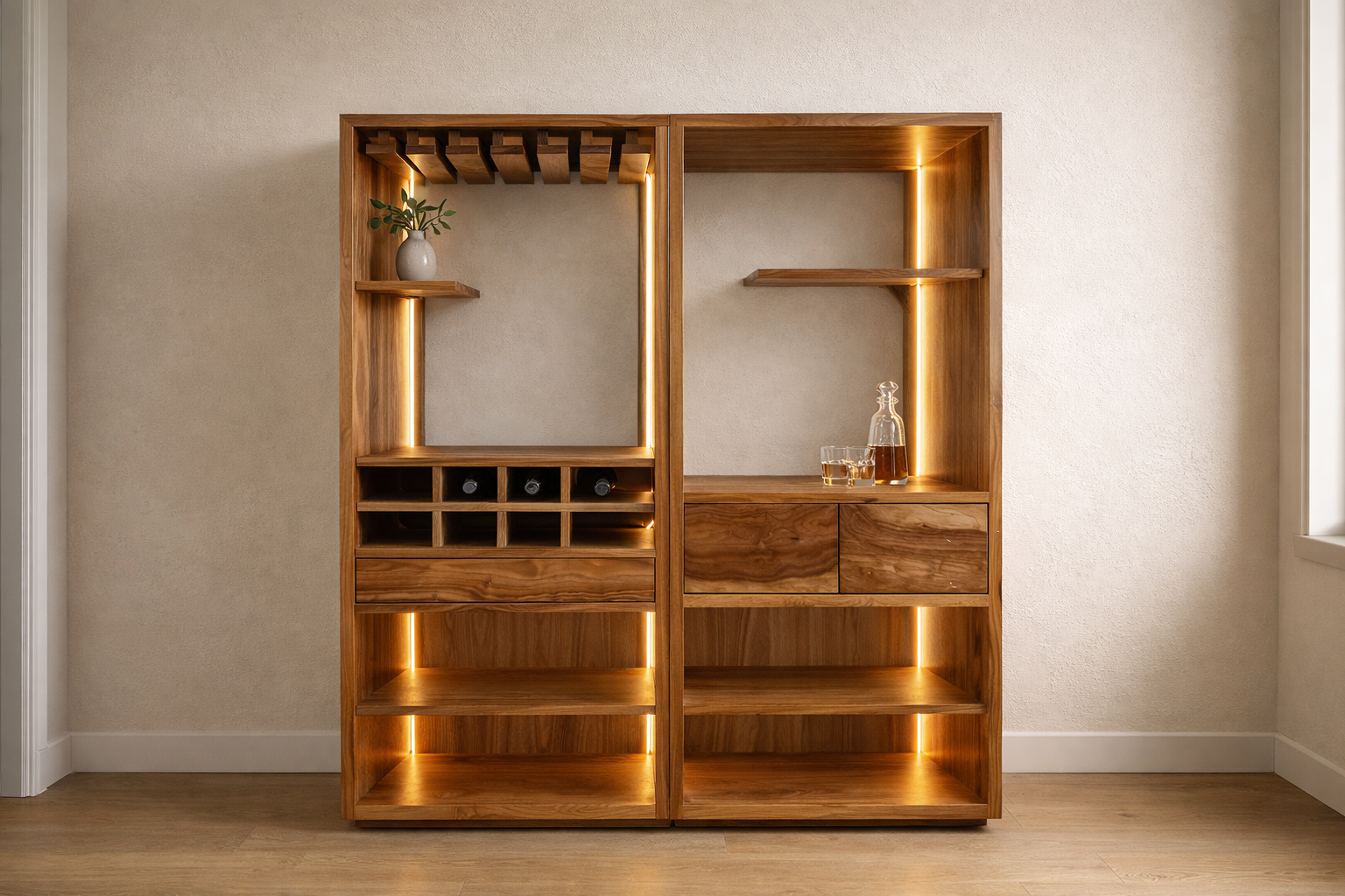 Bar modular en parota con iluminación LED embebida, porta-copas, botellero y cajones de cierre suave