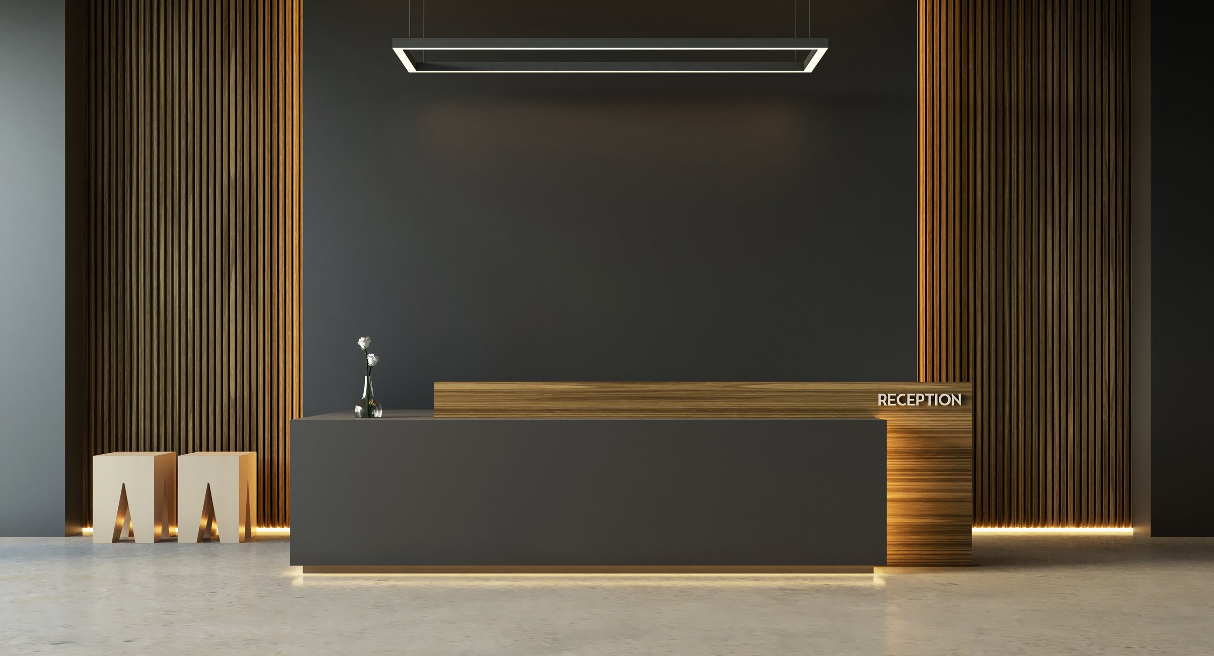 Black Modern reception desk interior - 3D Rendering