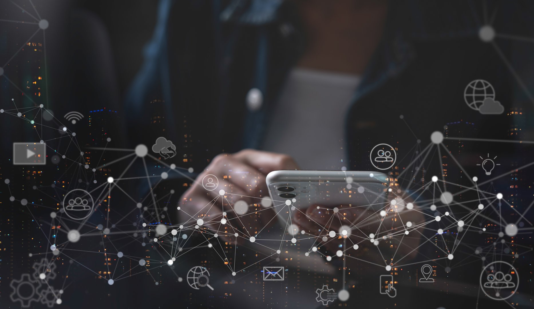 IoT Internet of Things, digital technology, global network connection, social media marketing concept. Woman using mobile smart phone and smart city with technology icons