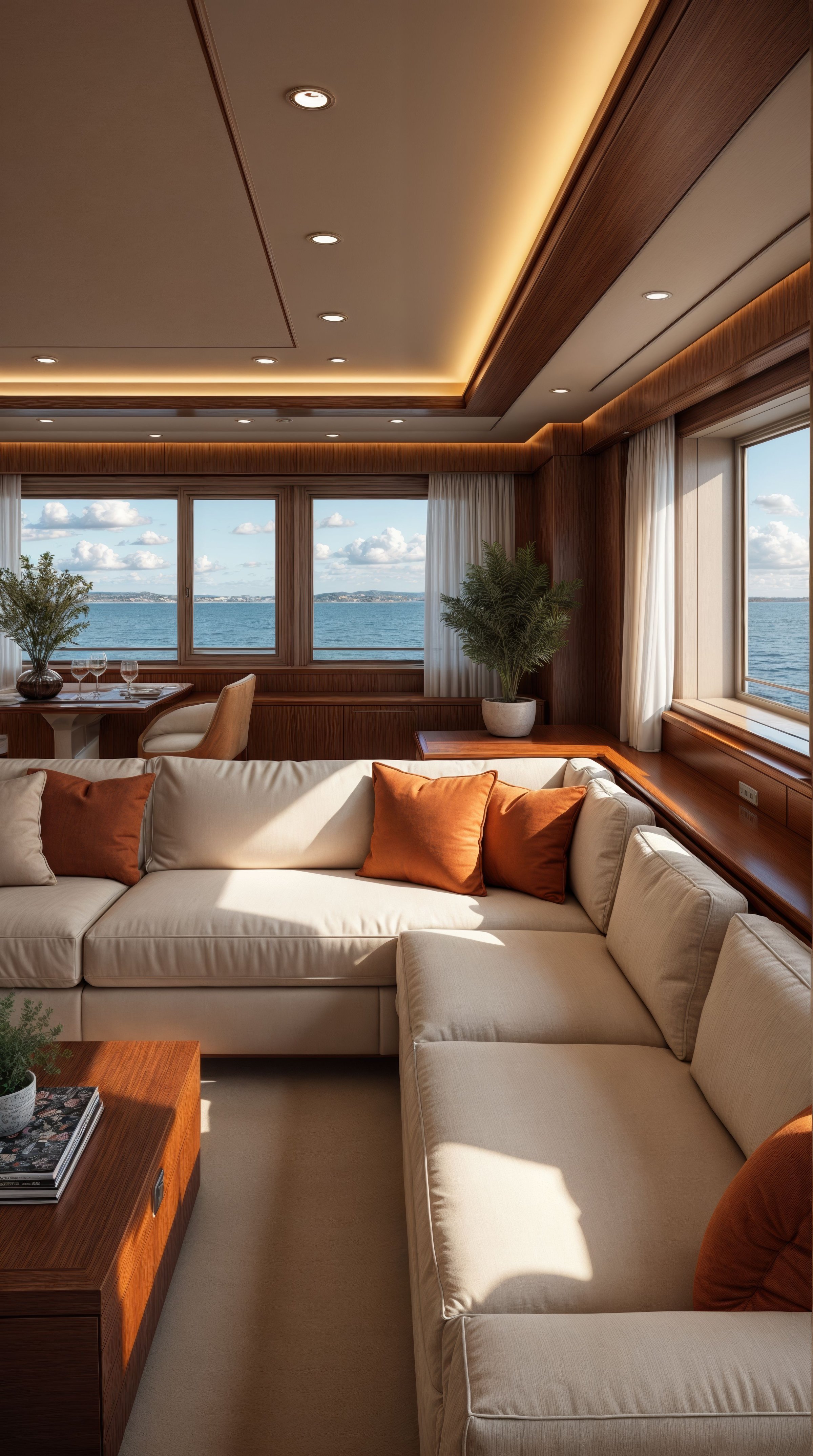 Yacht living room with sofa, coffee table and potted plant. The cabin has a cozy and welcoming atmosphere
