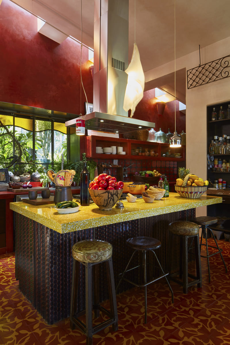 Bathroom design with yellow locker and tile floor