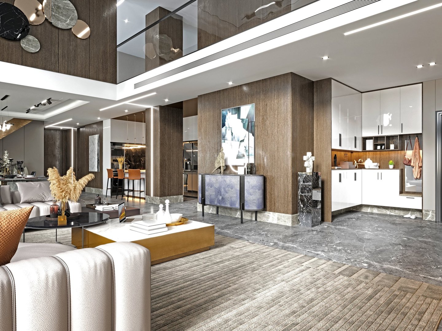 3d render elegant home interior living room dining space