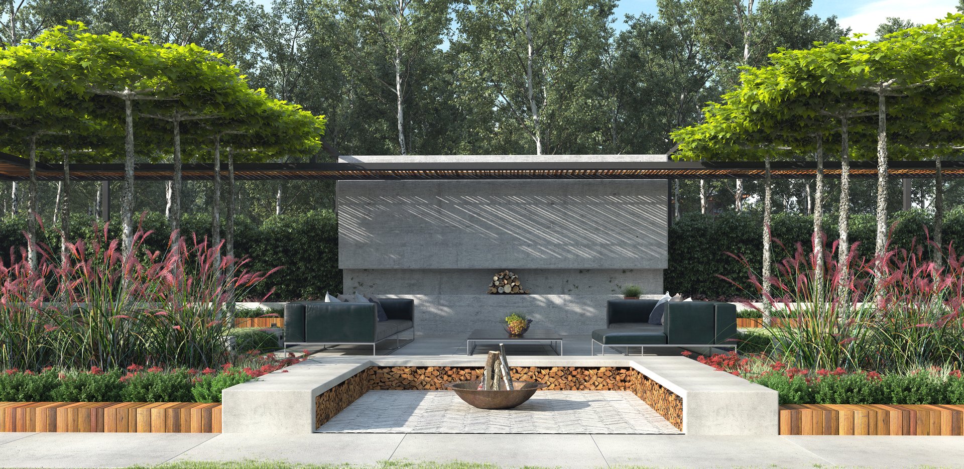 Contemporary outdoor lounge area with fire pit