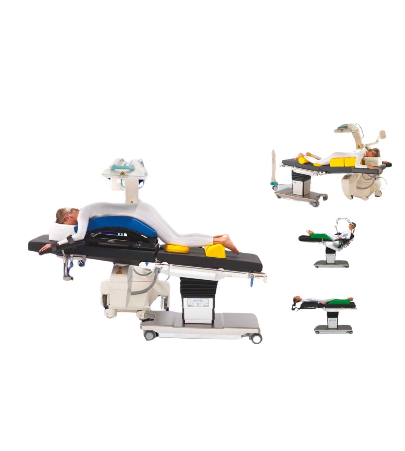 Medical equipment featuring a patient on a specialized table with support structures, used for surgical or diagnostic procedures.