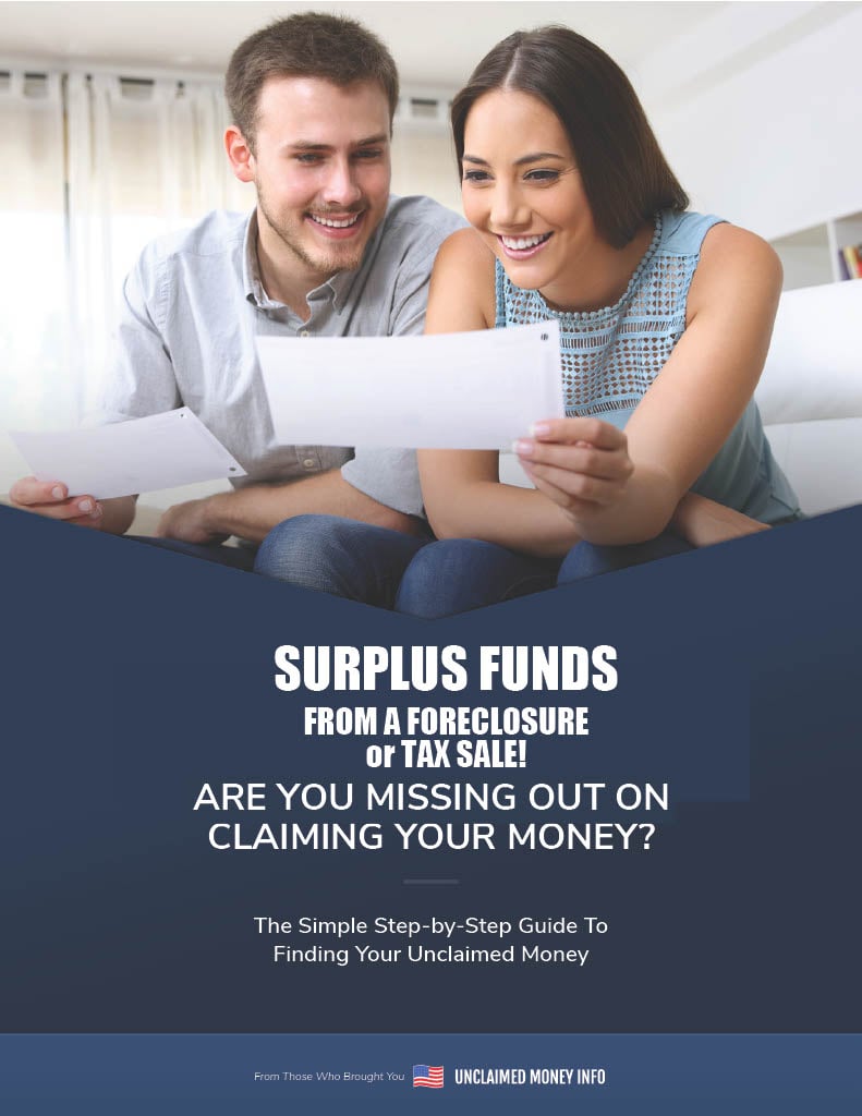 Smiling couple reading paperwork about surplus funds from foreclosure or tax sale, with a guide to claiming unclaimed money.
