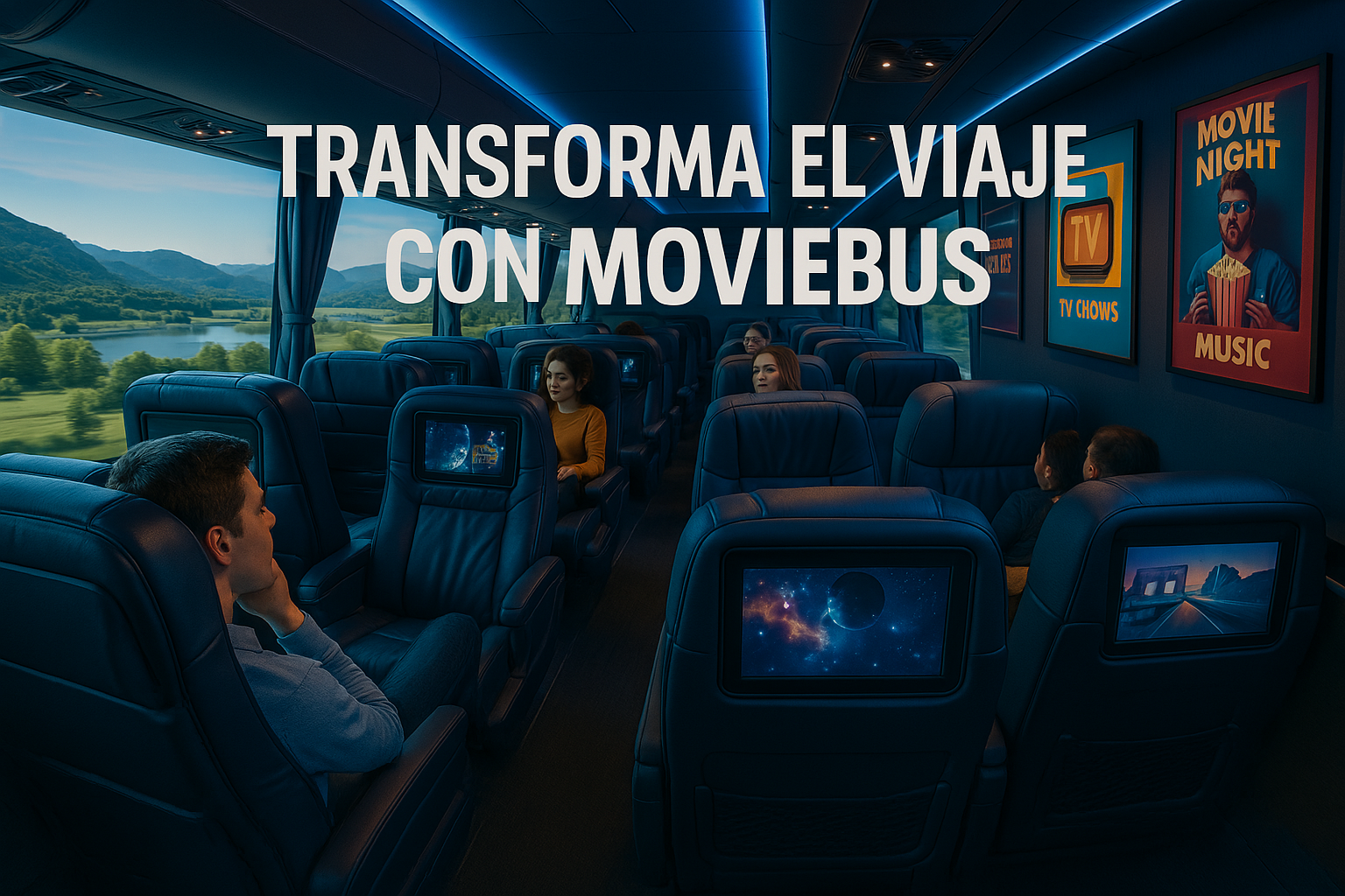 Inside a bus with comfortable seats, passengers watch entertainment screens. Text: "Transforma el viaje con MovieBus."