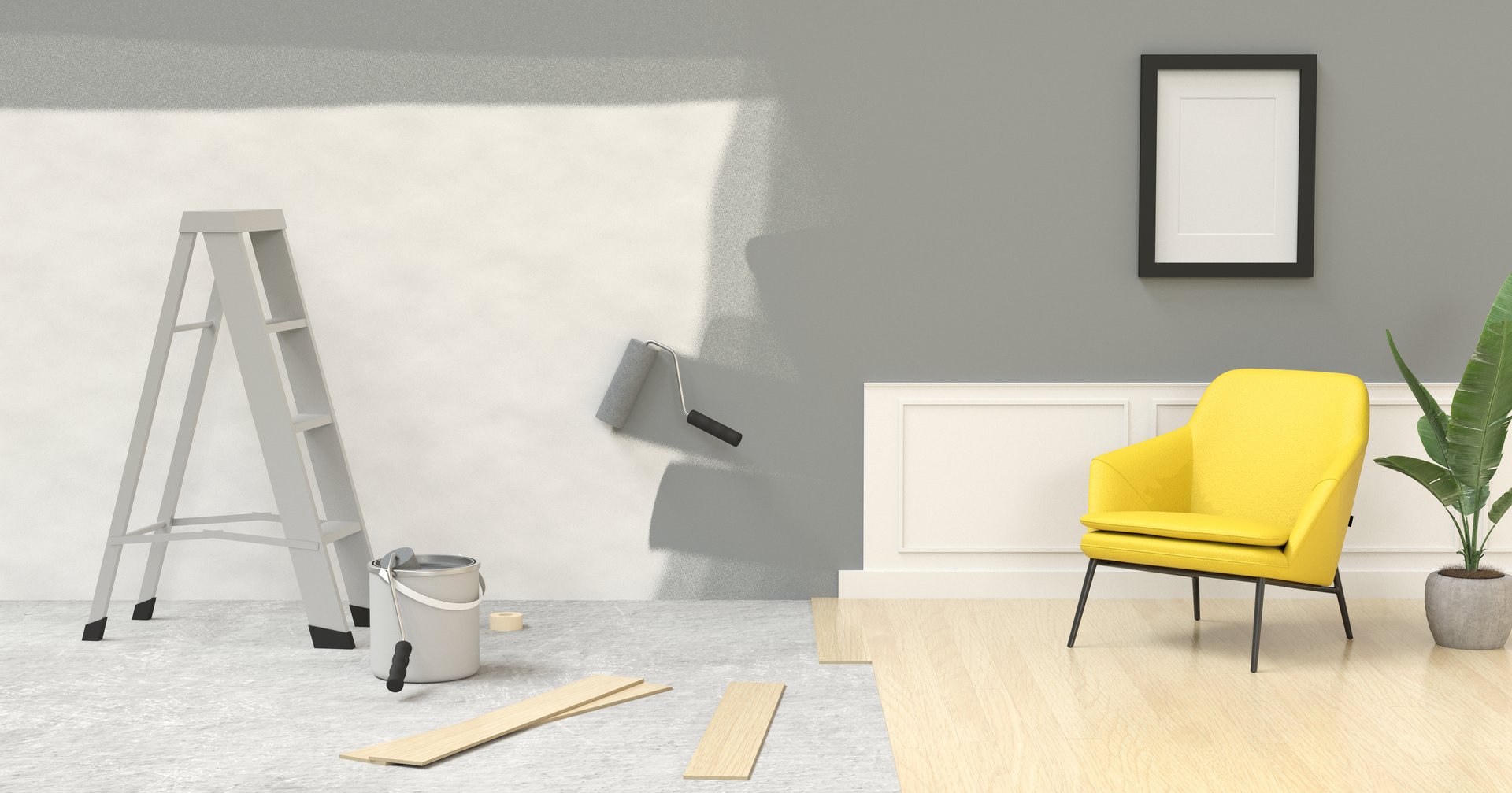 renovation of an apartment, painting on the walls before and after - 3D rendering