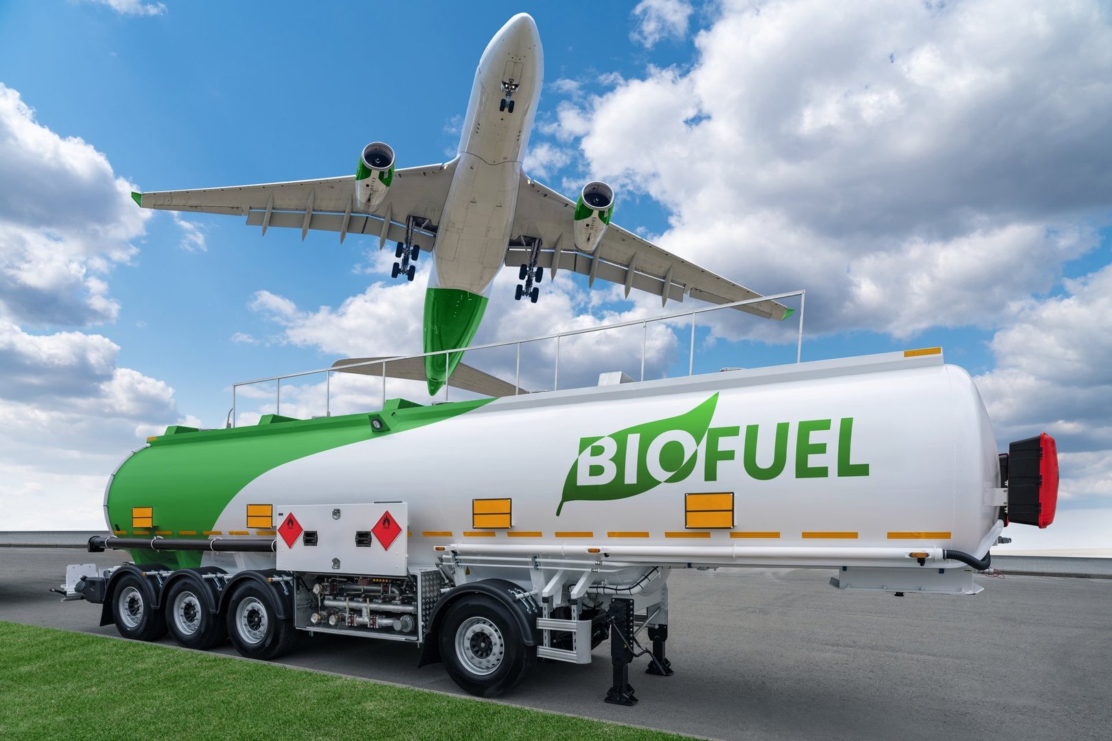 Airplane and biofuel tank trailer. New energy sources.