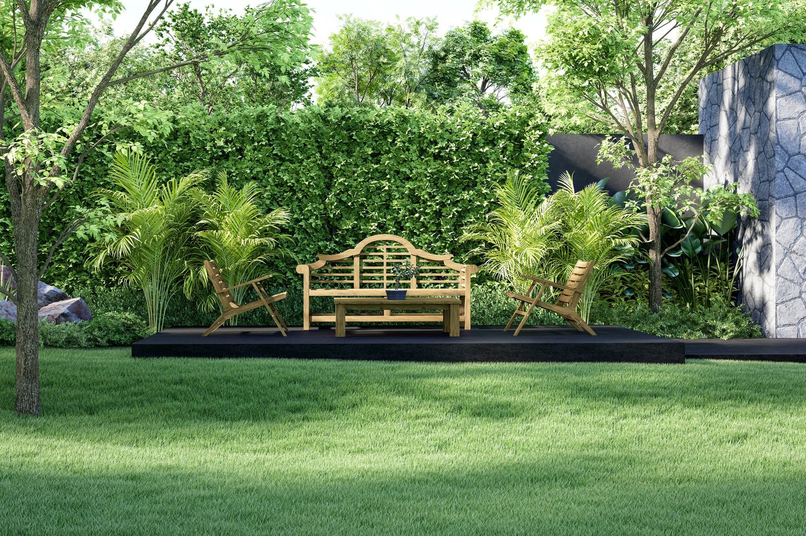 Modern luxury terrace with wooden outdoor furniture