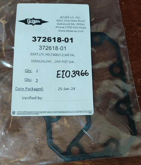 Plastic bag containing a gasket with a label showing part number, description, and packaging date of 25-Jan-24.