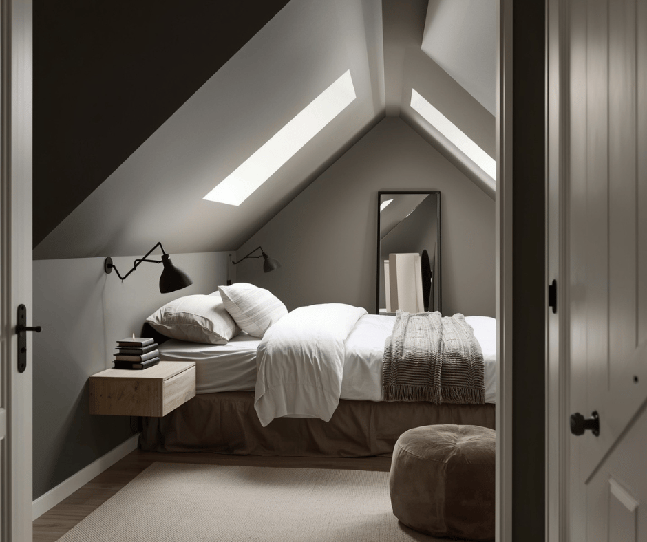 Liten skandinavisk soverom med moderne innredning