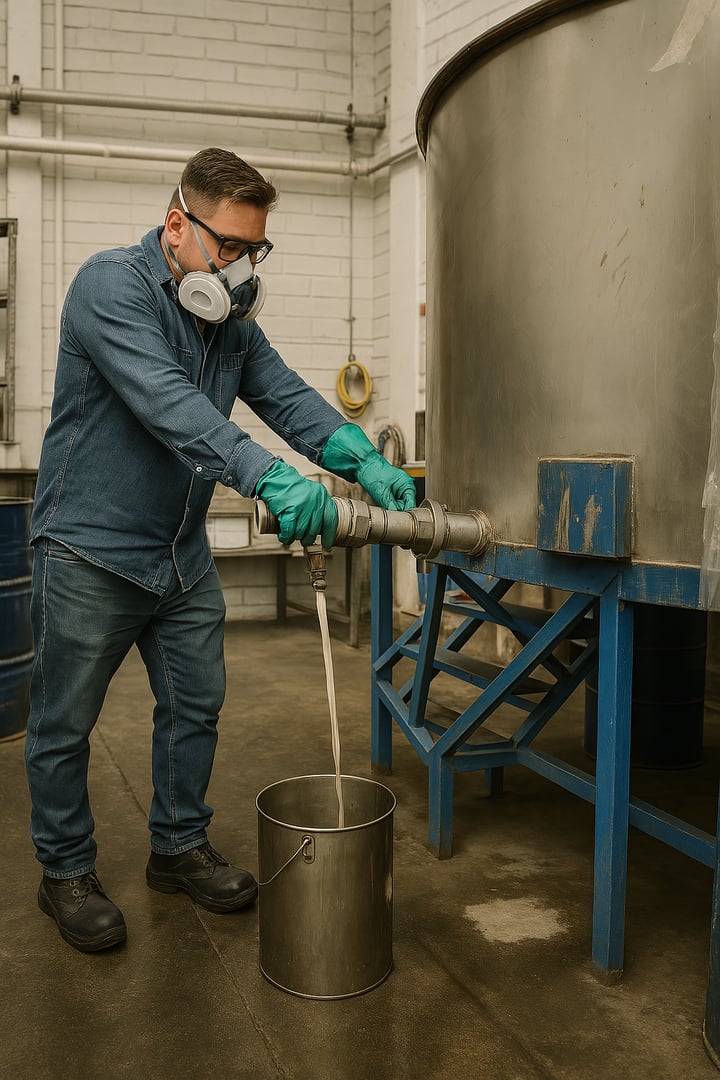 Worker in protective gear dispensing liquid from a large metal tank into a smaller container in an industrial setting.